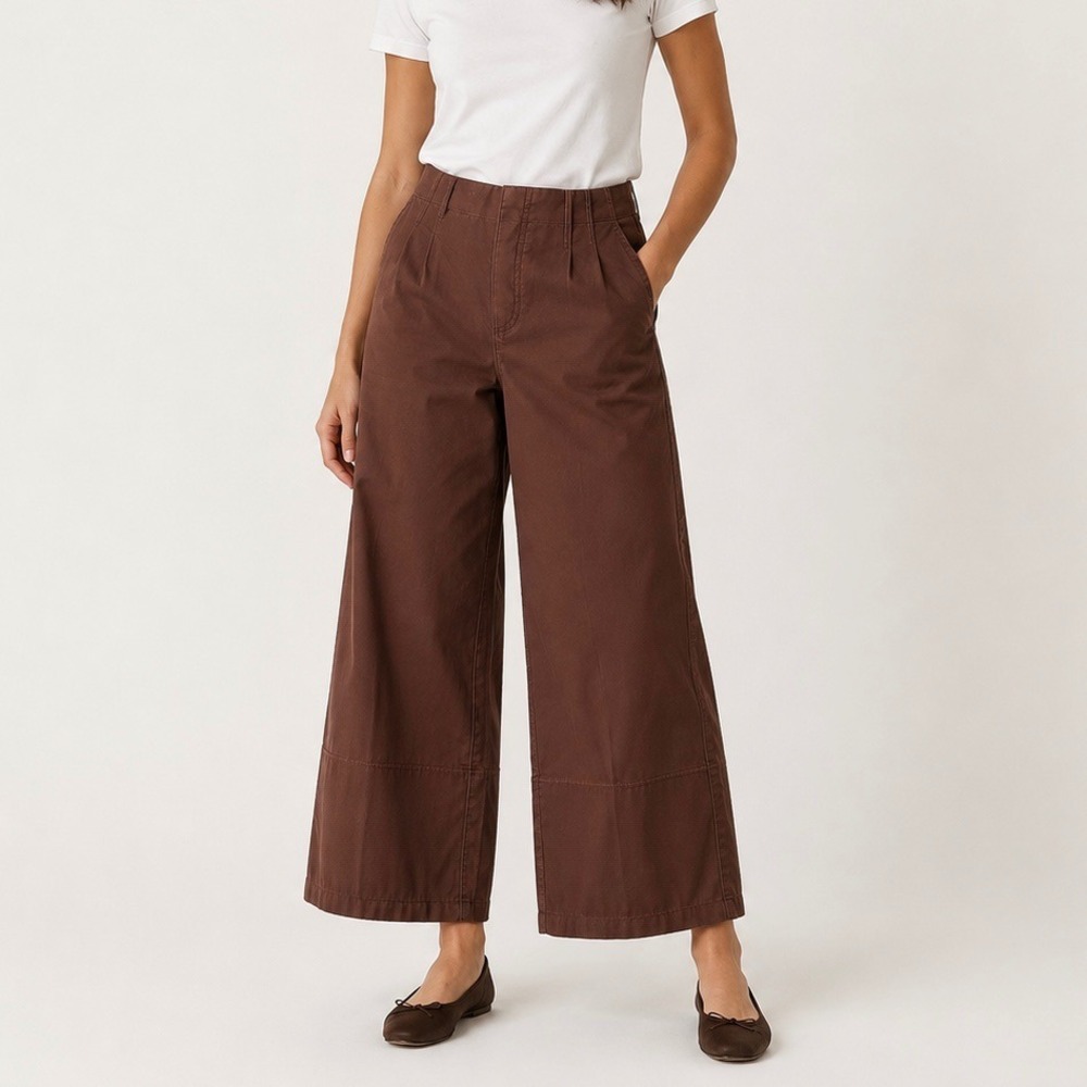 Spanx Stretch Twill Wide Leg Cropped Pants Cocoa Brown High Rise Sz Small Petite